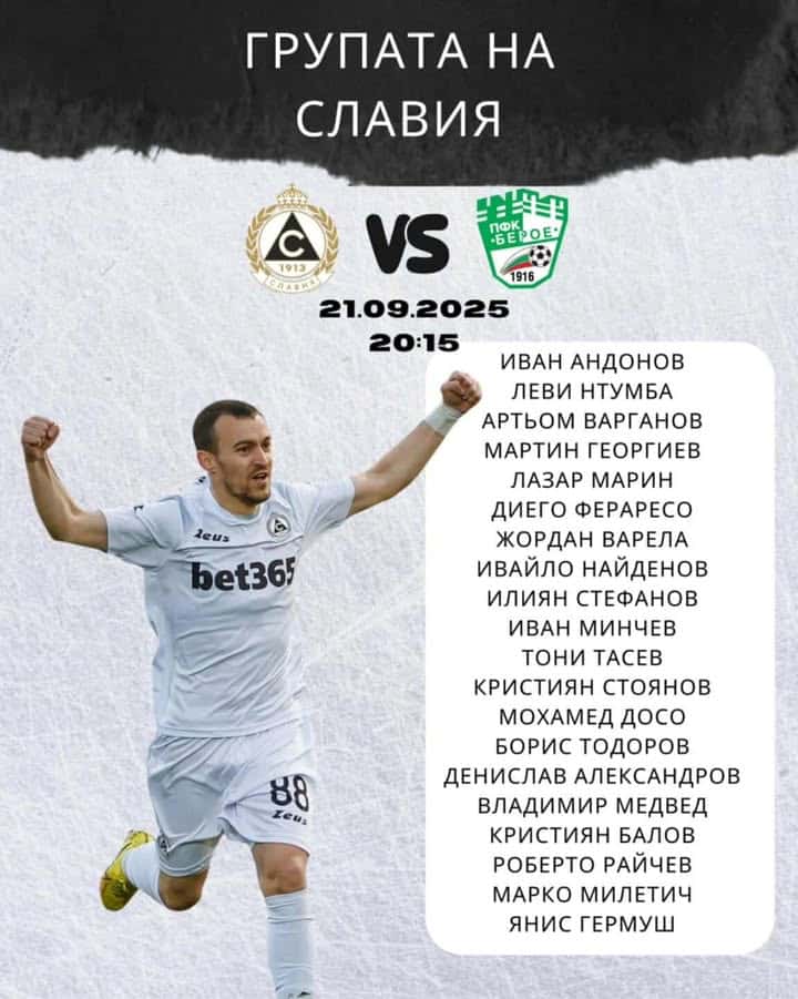 Славия определя групата за мача срещу Берое; Тони Тасев се завръща, Емил Стоев отпада