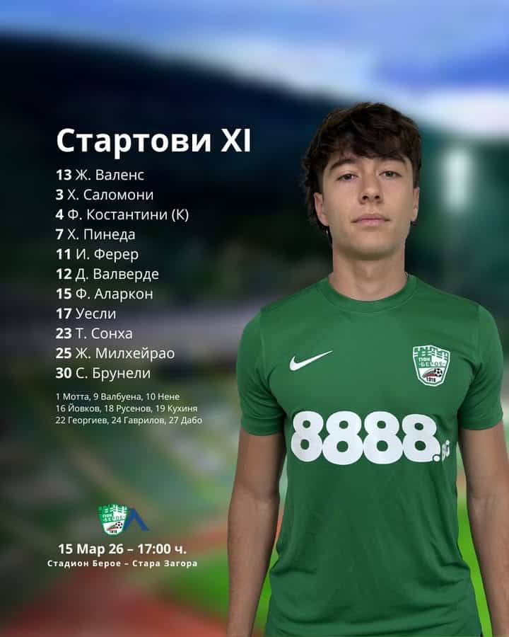 Стартов състав на Берое за мача срещу Левски София